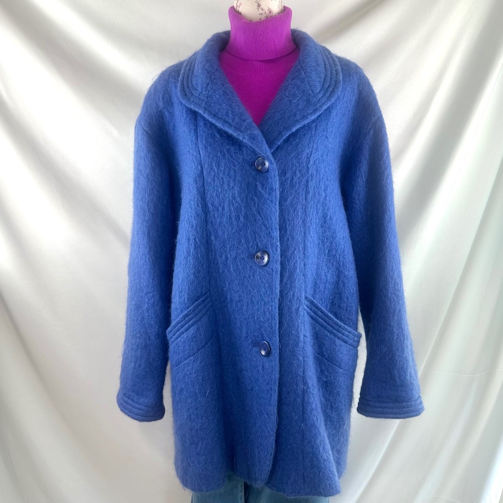 Vintage Mohair Coat Blue Oversized Fuzzy Wool Blend Statement Jacket 80s USA 14 - Picture 7 of 17